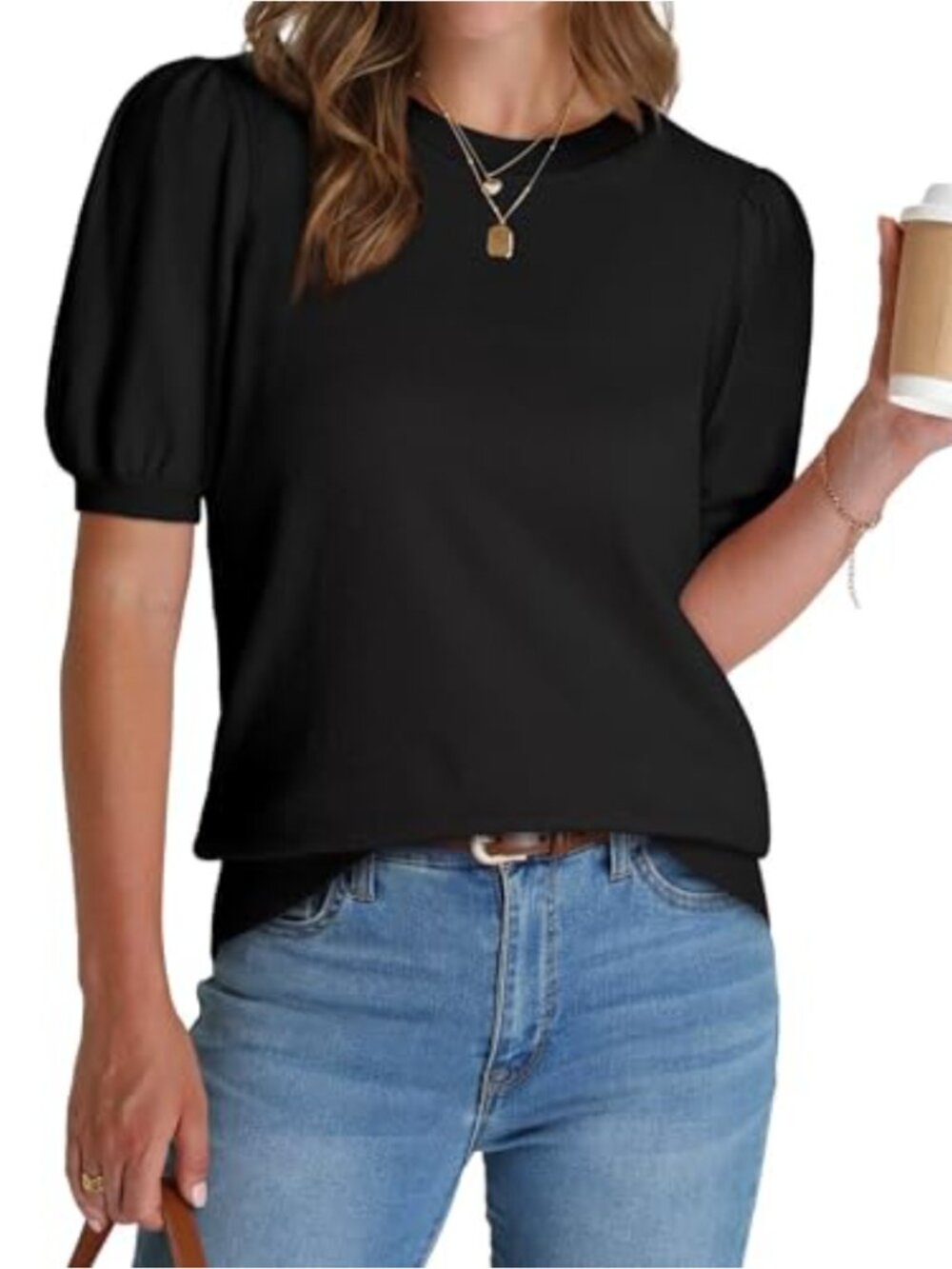Puff Short Sleeve Knit Sweater Top Ribbed Hem Loose Fit Women